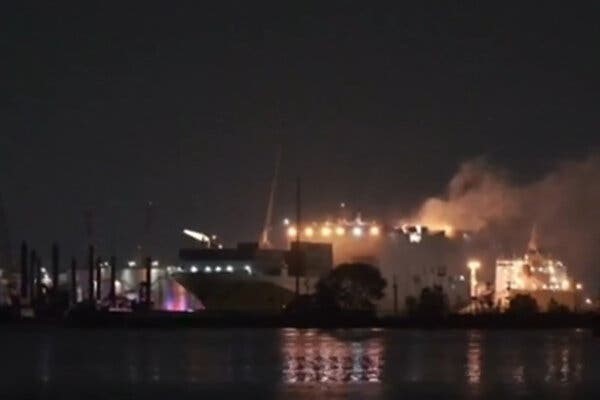 Ship Catches Fire At Port Newark In New Jersey